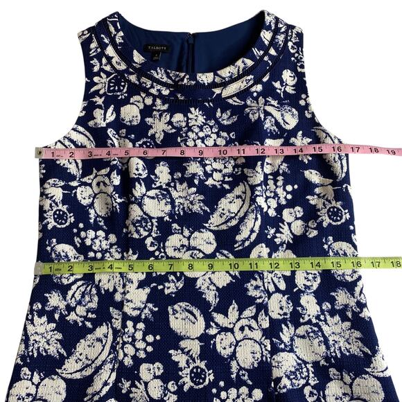 Talbots Shift Dress Blue Textured Mixed Fruit Lemon Sleeveless Size 4 Old Money - Picture 13 of 16